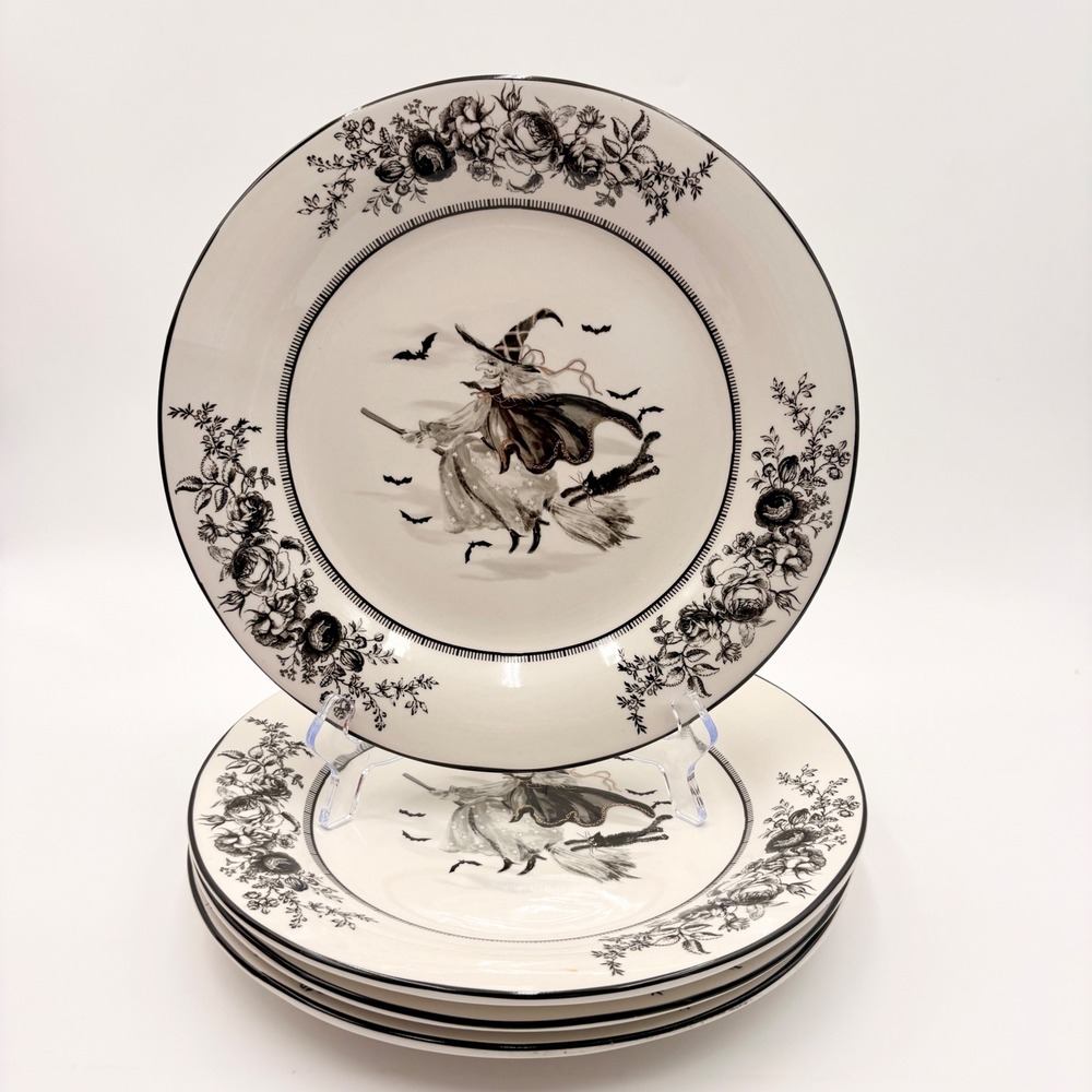 Potter's Studio Halloween Witch Toile Stoneware Dinner Plates Set of 4 Gold Trim